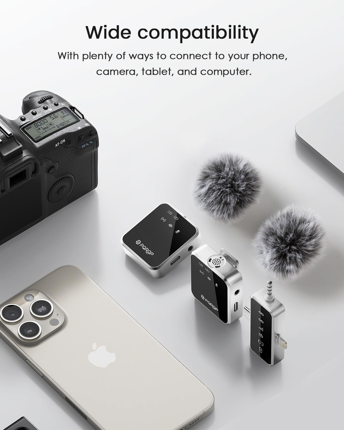 PQRQP 3 in 1 Mini Microphone for iPhone, Android, Camera | 328ft Range & 18H Battery | Noise-Canceling Mini Mic for Interviews, Content Creation, TikTok (Metallic Silver)