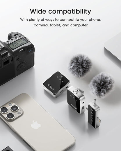 PQRQP 3 in 1 Mini Microphone for iPhone, Android, Camera | 328ft Range & 18H Battery | Noise-Canceling Mini Mic for Interviews, Content Creation, TikTok (Metallic Silver)