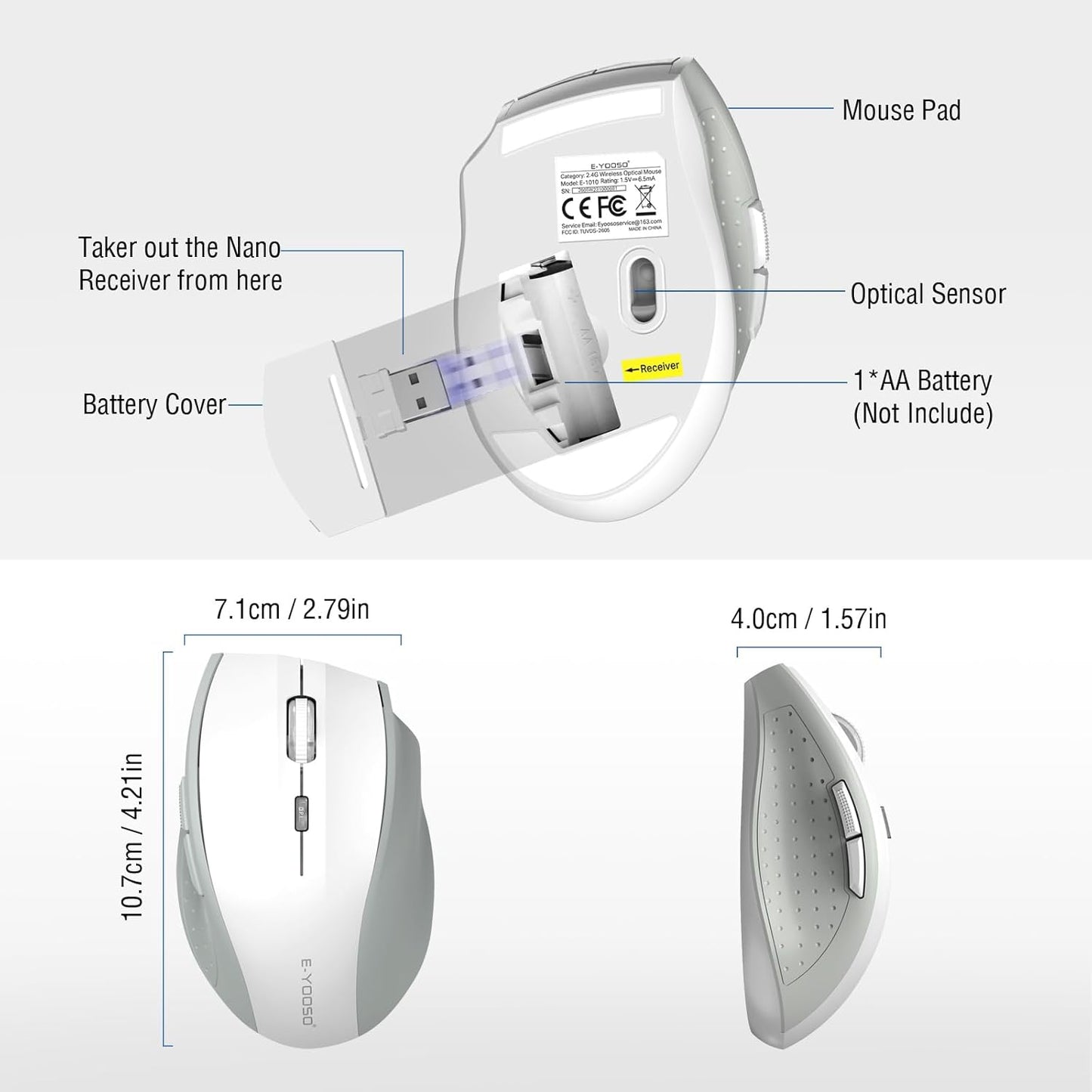 E-YOOSO Wireless Mouse for Laptop, Portable Optical Computer Mouse, 6 Buttons, Cordless 2.4GHz with USB Receiver, 5-Level 4800 DPI, 18 Months Battery Life, for PC, Chromebook, Windows, Mac(White Gray)