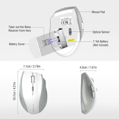 E-YOOSO Wireless Mouse for Laptop, Portable Optical Computer Mouse, 6 Buttons, Cordless 2.4GHz with USB Receiver, 5-Level 4800 DPI, 18 Months Battery Life, for PC, Chromebook, Windows, Mac(White Gray)