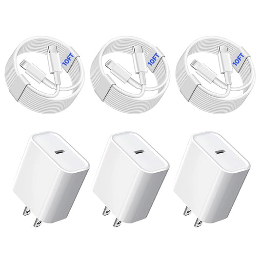 3Pack iPhone Fast Charger[Apple Mfi Certified],10FT iPhone Charger Fast Charging USB C to Lightning Cable with Type C Charger Block Fast Charging Adapter for iPhone 14 13 12 11 Pro Max X Xs Max 8Plus