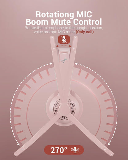 Wireless Headset with AI Noise Cancelling Microphone Bluetooth Headset - Bluetooth V5.2 Headphones with USB Dongle, Charging Base & Mic Mute for Computer/Laptop/PC/iPhone/Android/Cell Phones (Pink)