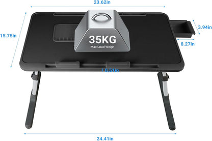 Laptop Lap Desk Include Cooling Fan,Adjustable Lap Desk with Light Fan,Folding Laptop Desk for Bed with USB,Bed Desk with Storage Drawer 60 * 40cm,Black