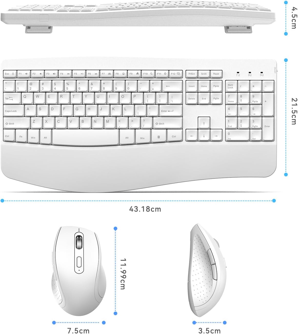 Ergonomic Keyboard and Mouse Combo - Full Size Keyboard Cordless with Palm Wrist Rest Ergonomic Mouse Wireless for Windows Computers Laptops - White(Upgrade)