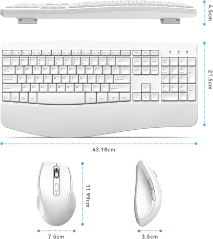 Ergonomic Keyboard and Mouse Combo - Full Size Keyboard Cordless with Palm Wrist Rest Ergonomic Mouse Wireless for Windows Computers Laptops - White(Upgrade)