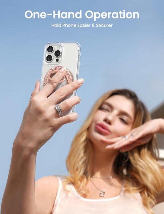 Lamicall Magnetic Twinkle Ring for MagSafe Grip - Stylish Glitter for Mother, Magnet Phone Ring Finger Holder Stand, Upgrade Gear Hinge Mag Safe Accessories for iPhone 16 15 Pro Max, Rose Gold