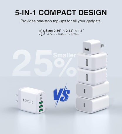 50W USB C Wall Charger Block, 2Pack 5-Port C Charger Fast Charging Block PD Power Adapter+QC 3.0 Multiport Type C Box Brick Cube USB A Wall Plug for iPhone 16/15/14 Pro Max Plus, iPad,Galaxy S24/S23