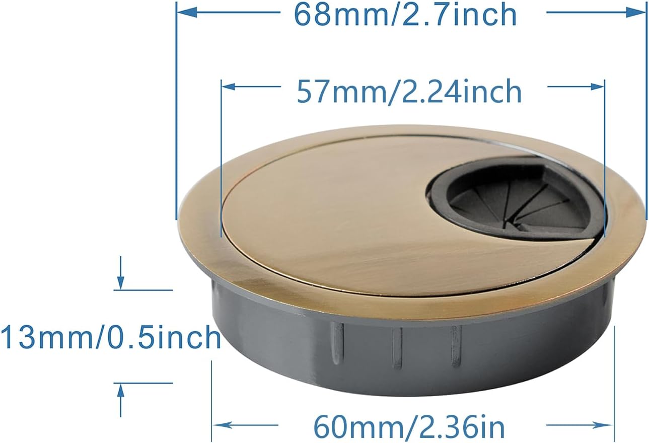 Desk Grommet for Wire Organizer,PC Computer Desk Plastic Grommet Cord, Tidy Cable Hole Cover Organizers,2 Pack (60mm, Gold)
