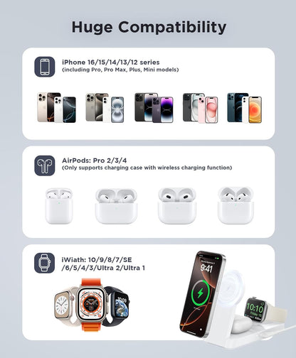 3 in 1 Magnetic Wireless for iPhone Charging Station: Foldable Portable Charger for iPhone 16-12 Pro Max & Apple Watch & AirPods, for Apple Multiple Devices Charger for Home,Office&Travel