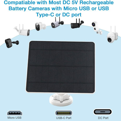 Solar Panel for Security Camera,5W USB Solar Panel for Cameras DC 5V,Camera Solar Panel Charger Micro USB & USB-C & DC,IP65 Waterproof USB Solar Panel Charger for Camera with 360°Adjustable Mounting