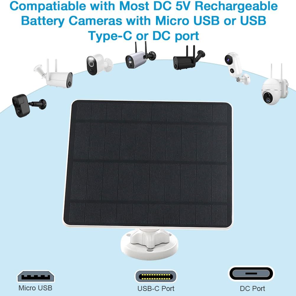Solar Panel for Security Camera,5W USB Solar Panel for Cameras DC 5V,Camera Solar Panel Charger Micro USB & USB-C & DC,IP65 Waterproof USB Solar Panel Charger for Camera with 360°Adjustable Mounting