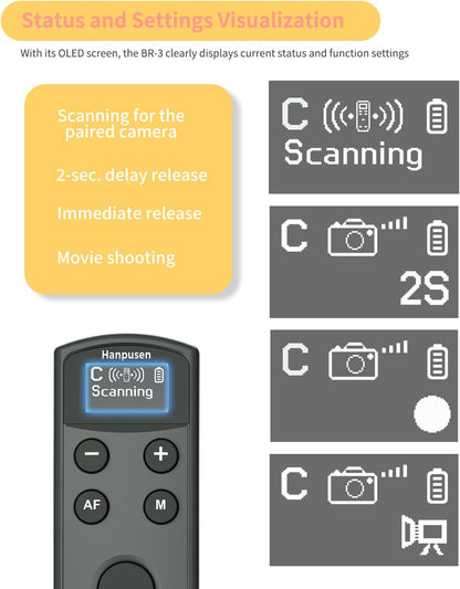 Hanpusen Rechargeable Camera Remote Control for Canon - Wireless Shutter Release with OLED Screen Compatible with R8, R6 II, R100, R50, R10, M50, SL3, R3, R5, R6, RP, R;Replaces Canon BR-E1(Black)