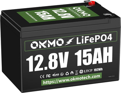 OKMO 12V 15Ah LiFePO4 Lithium Battery 12.8V, 4000+ Deep Cycles rechargeable Battery, for UPS, Kayak Fish Finder, Solar Panel, Power Wheels Toys, Scooter, Radio