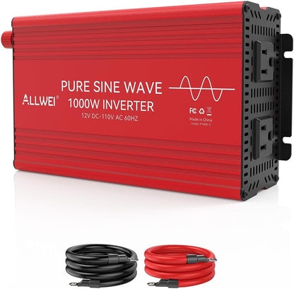 ALLWEI Pure Sine Wave Inverter - 1000 Watt Inverters 12V DC to 110V/120V AC Converter for Home, RV, Truck, Off-Grid Solar, Car Power Inverter with 2 Sockets, Power Inverters for Vehicles, 2000W Peak