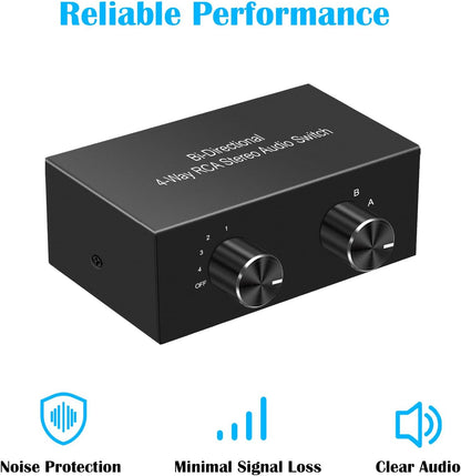 Y.D.F 4-Way Bi-Directional RCA Switch, HiFi AV L/R Sound Channel 2 in 4 Out or 4 in 2 Out, L/R Sound Channel Audio Switcher Splitter RCA Stereo Selector for DVD Stereo Speaker CD Player