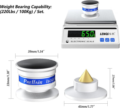 Preffair HiFi Speaker Isolation Feet Spikes, Aluminum Shockproof Turntable Stand Feet, Speaker Floor Protector Mat, Adjustable Subwoofer Vibration Absorber, Non-Slip LP Vinyl Record Player Base Pad.
