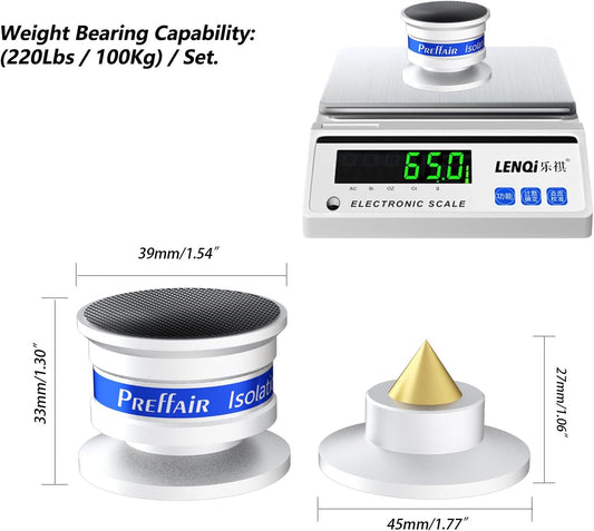 Preffair HiFi Speaker Isolation Feet Spikes, Aluminum Shockproof Turntable Stand Feet, Speaker Floor Protector Mat, Adjustable Subwoofer Vibration Absorber, Non-Slip LP Vinyl Record Player Base Pad.