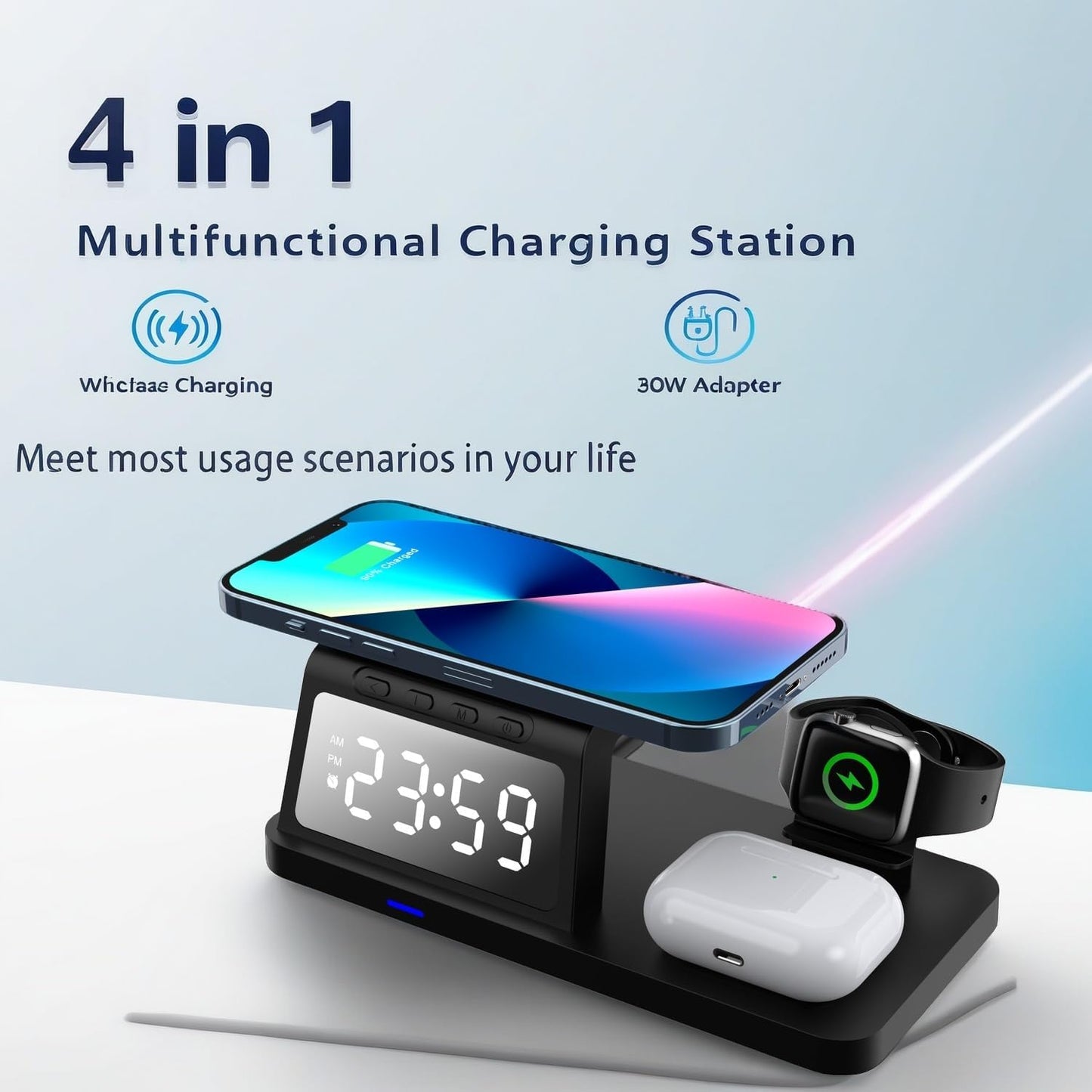 4-in-1 Wireless Charging Station with Clock Display, Compatible with iPhone, Apple Watch, AirPods, Black