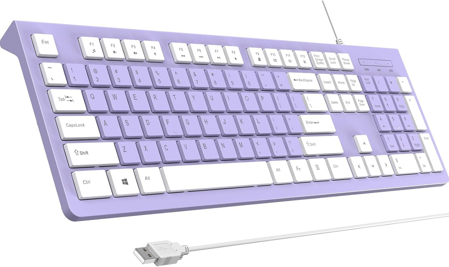 Computer Keyboard Wired, Plug Play USB Keyboard, Low Profile Chiclet Keys, Large Number Pad, Caps Indicators, Foldable Stands, Spill-Resistant, Anti-Wear Letters for PC Laptop (Purple, 1-Pack)