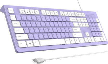 Computer Keyboard Wired, Plug Play USB Keyboard, Low Profile Chiclet Keys, Large Number Pad, Caps Indicators, Foldable Stands, Spill-Resistant, Anti-Wear Letters for PC Laptop (Purple, 1-Pack)