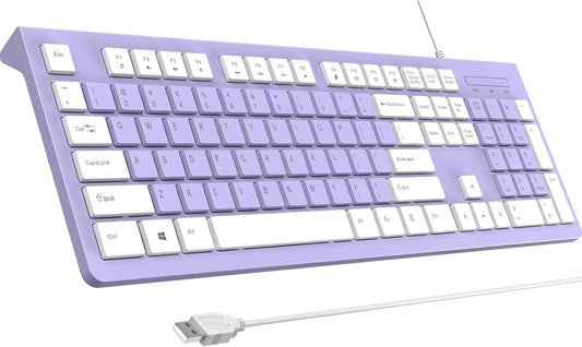 Computer Keyboard Wired, Plug Play USB Keyboard, Low Profile Chiclet Keys, Large Number Pad, Caps Indicators, Foldable Stands, Spill-Resistant, Anti-Wear Letters for PC Laptop (Purple, 1-Pack)