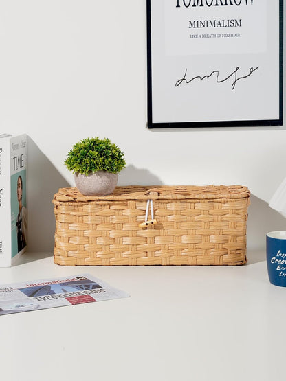 Temary Cable Management Box with Lids, 2-Pack Handmade Cable Organizer Boxes for Home, Office to Hide Cords and Power Strip, Cord Cover Floor Hider Set Woven Rattan Cable Organizer Box