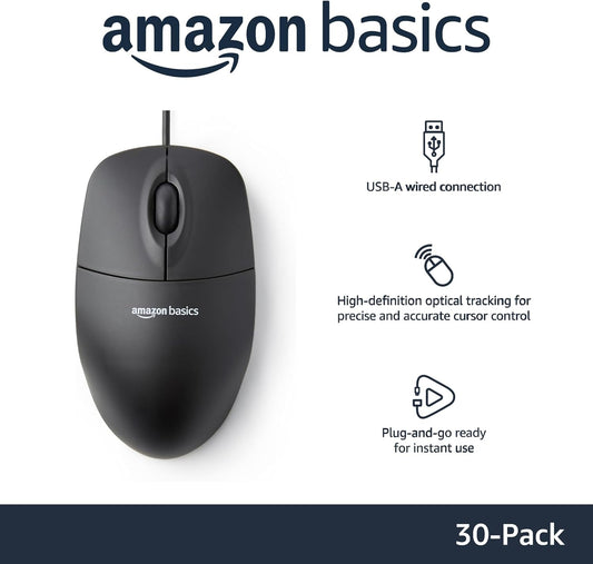 Amazon Basics 3-Button Wired USB Computer Mouse, Black - Pack of 30
