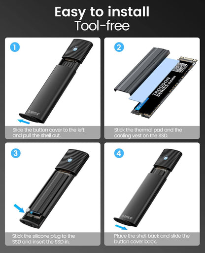 ORICO M.2 NVMe SATA SSD Enclosure Adapter Tool-Free, USB C 3.2 Gen 2 10Gbps NVMe, 5Gbps NGFF SATA PCIe M-Key(B+M Key) 2230/2242/2260/2280, Aluminum External M2 Reader Support UASP Trim- PWDM2-BK