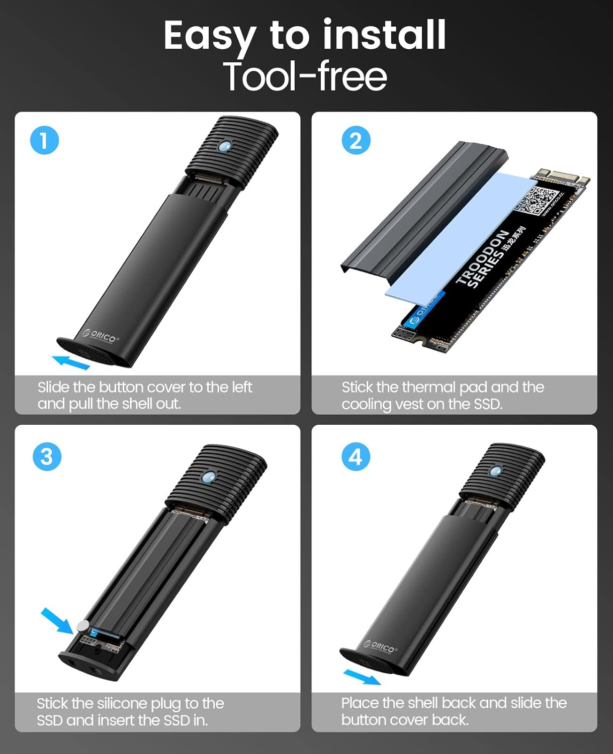 ORICO M.2 NVMe SATA SSD Enclosure Adapter Tool-Free, USB C 3.2 Gen 2 10Gbps NVMe, 5Gbps NGFF SATA PCIe M-Key(B+M Key) 2230/2242/2260/2280, Aluminum External M2 Reader Support UASP Trim- BK(G2A)