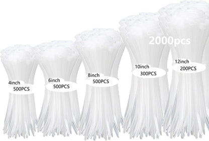 2000 PCS Zip Ties Assorted Sizes 4+6+8+10+12 Inch Self-locking Nylon Cable ties Heavy Duty Outdoor, UV Resistant Wire Straps for Home Office Garden Workshop Indoor Outdoor Fence((White)