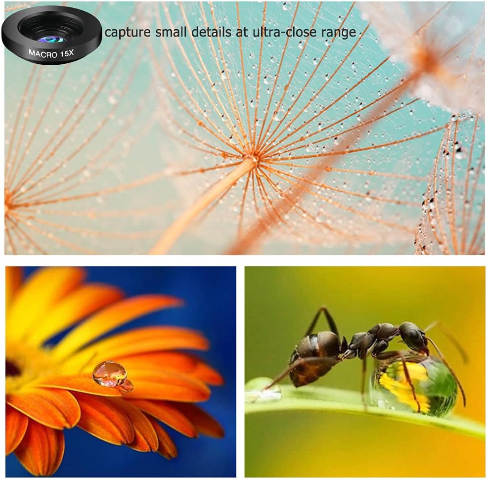 Phone Camera Lens Kit, 11 in 1 Cellphone Lens Kit for iPhone and Android, 0.63X Wide Angle+15X Macro+ 198°Fisheye+Telephoto+CPL/Flow/Radial/Star/Soft Filter+Kaleidoscope Lens