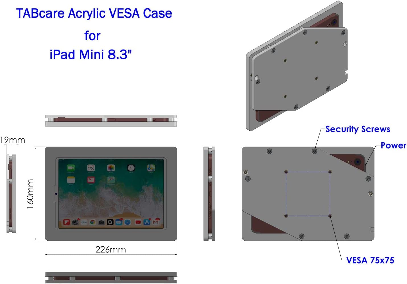 TABcare Anti-Theft Acrylic VESA Enclosure for Apple iPad mini 6 7 8.3" with Free Wall Mount Kit & 90-Degree Angle USB C Charge Cable (iPad mini 6/7 8.3", White)
