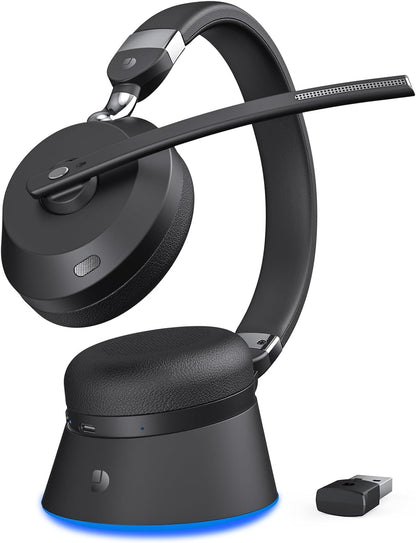 Wireless Headset with Mic for Work, Bluetooth Headphones with Microphone (Noise Cancelling) & Charging Base, Wireless Headset for Work from Home/Office/Call Center/PC/Computer/Teams/Zoom/Skype/Laptop