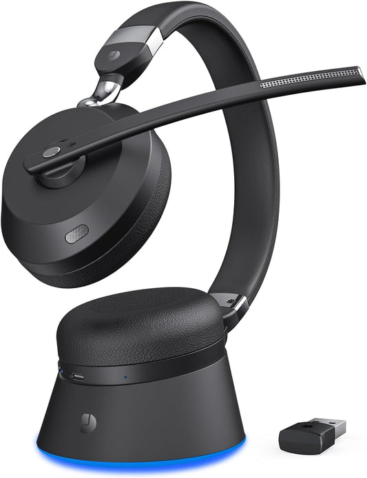 Wireless Headset with Mic for Work, Bluetooth Headphones with Microphone (Noise Cancelling) & Charging Base, Wireless Headset for Work from Home/Office/Call Center/PC/Computer/Teams/Zoom/Skype/Laptop