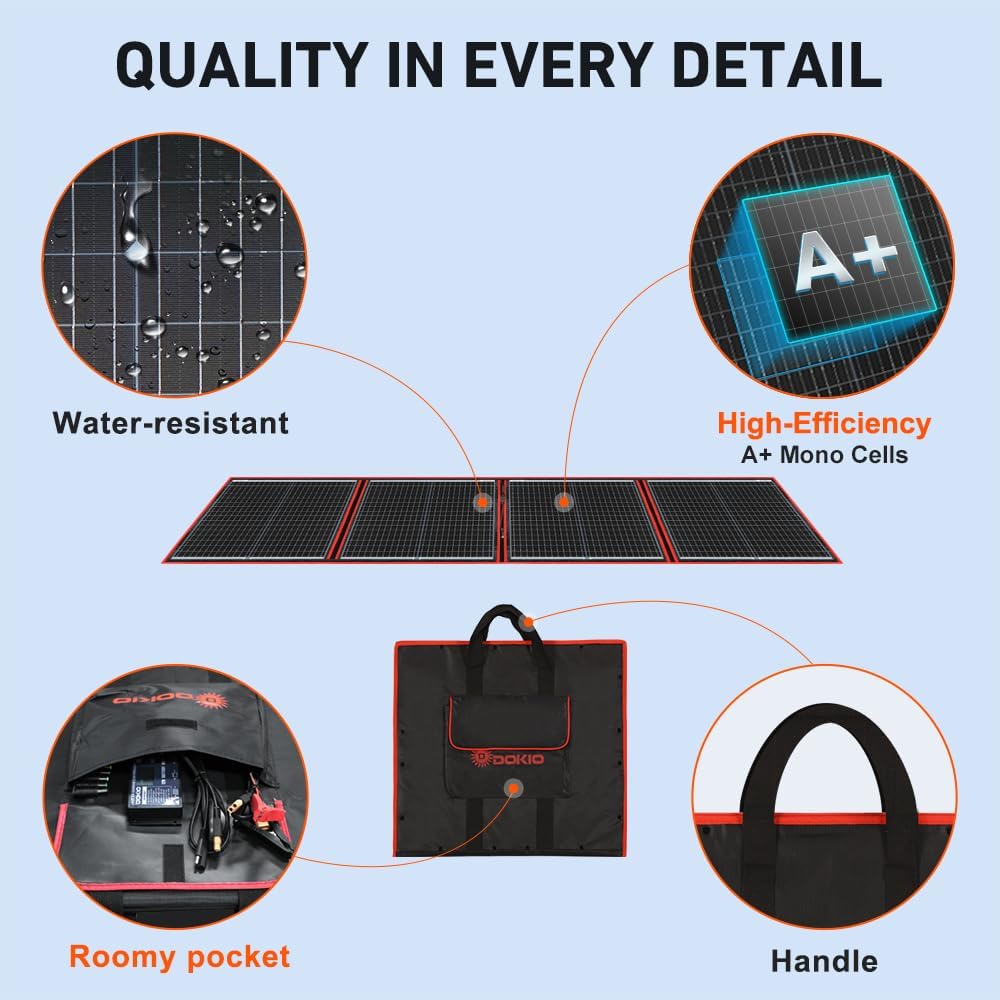DOKIO 150W Portable Foldable Solar Panel Kit (20x21in, 7.3lb), with Separate Controller and Dual USB, Monocrystalline Charger for 12V Batteries & Power Stations, RV Camping Trailer Emergency Backup