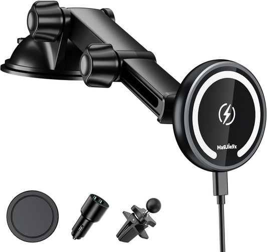 for Magnetic Magsafe Car Mount Charger, Wireless Car Charger with Fast Max 38W QC3.0Charging Adapter Retractable Phone Holder Fits iPhone16/15/14/13Plus/MagSafe Case,Dashboard/Vent/Windshield