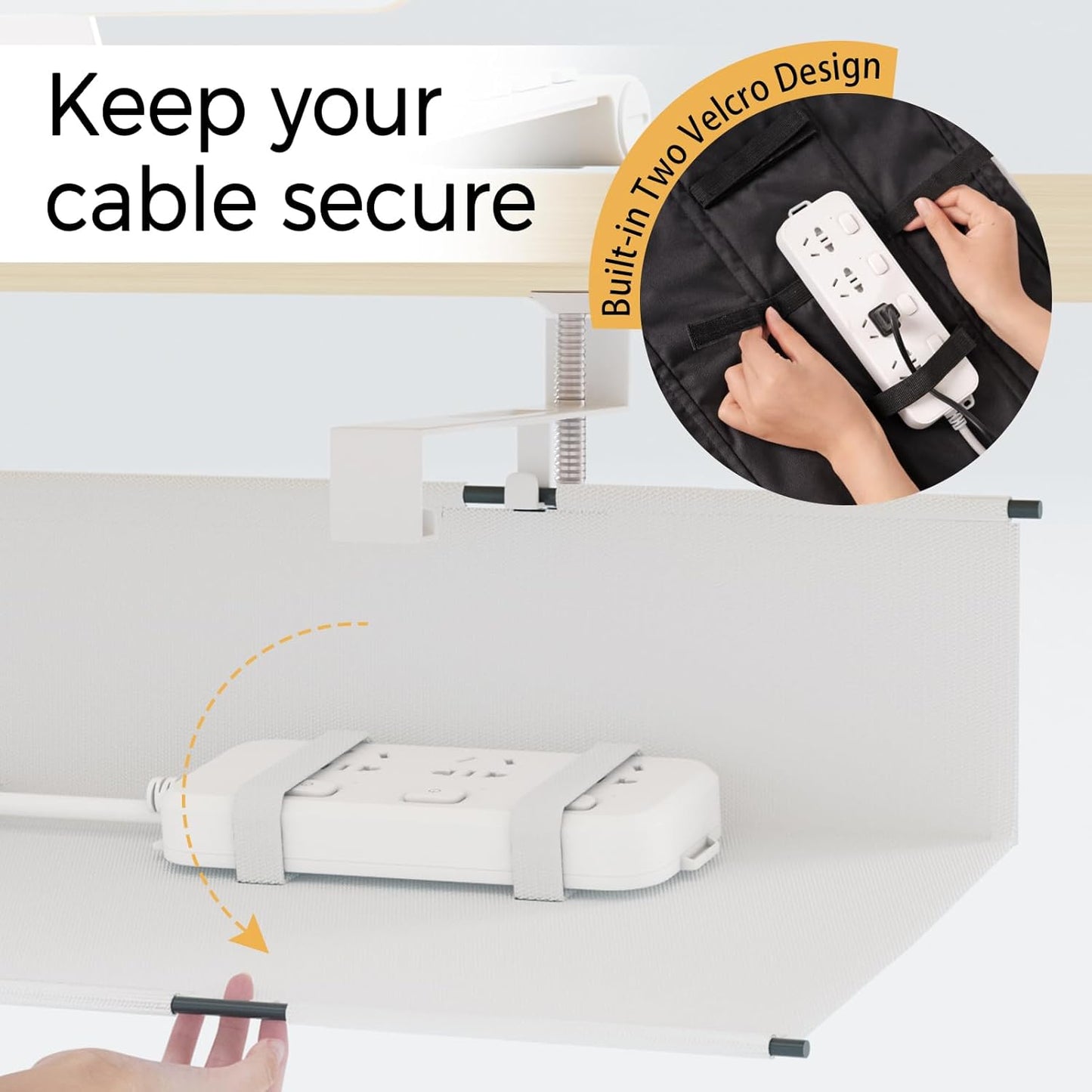 Under Desk Cable Management Tray 15.7" - No Drill Computer Wire Organizer Cable Tray, Cord Hider Clamp Mount with 16X Cable Ties PC Cables Management Cord Holder for Office/Home (Upgrade Fabric,White)