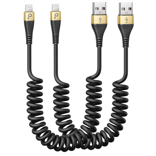 Short iPhone Charger Cable for Car, 2 Pack 3FT Coiled Lightning Cable [Apple MFi Certified] iPhone Charger Cord Compatible with iPhone 14/13/12/11 Pro Max/XS MAX/XR/XS/8/iPad/iPod/CarPlay-Gold