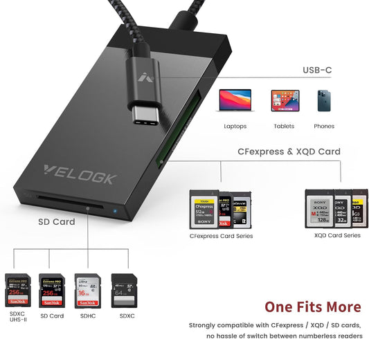 3-in-1 CFexpress/XQD/SD 4.0 UHS-II Card Reader USB C, VELOGK Dual-Slot USB 3.2(10Gbps) CFexpress Type B Card Reader Adapter for Android/Windows/Mac OS/Linux, with Brushed Aluminum Case&Portable Pouch