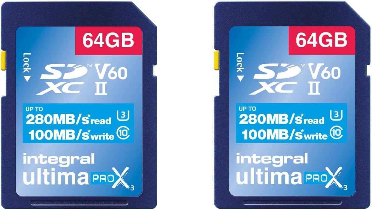 Integral 64GB 2-Pack UHS-II SD Card V60 Up to 280MBs Read and 100MBs Write Speed 1733X SDXC Professional High Speed Memory Card