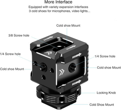 3 Port Cold Shoe Mount with 1/4"-20 Thread for Camera Cage Flash LED Monitor Microphone etc., Aluminum Camera Triple Cold Shoe Extension Bracket Compatible with Nikon, Canon, Sony..DSLR/SLR