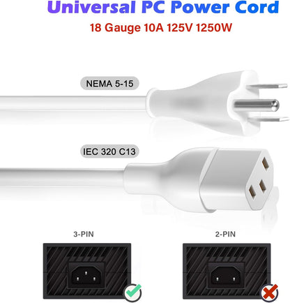 Adoreen 10 Ft Computer TV Replacement Power Cord White, 18AWG 3-Prong AC Universal Power Supply Cable NEMA 5-15P to IEC 320 C13 for Printer, PC, Monitor TV LCD, ETL+Ties