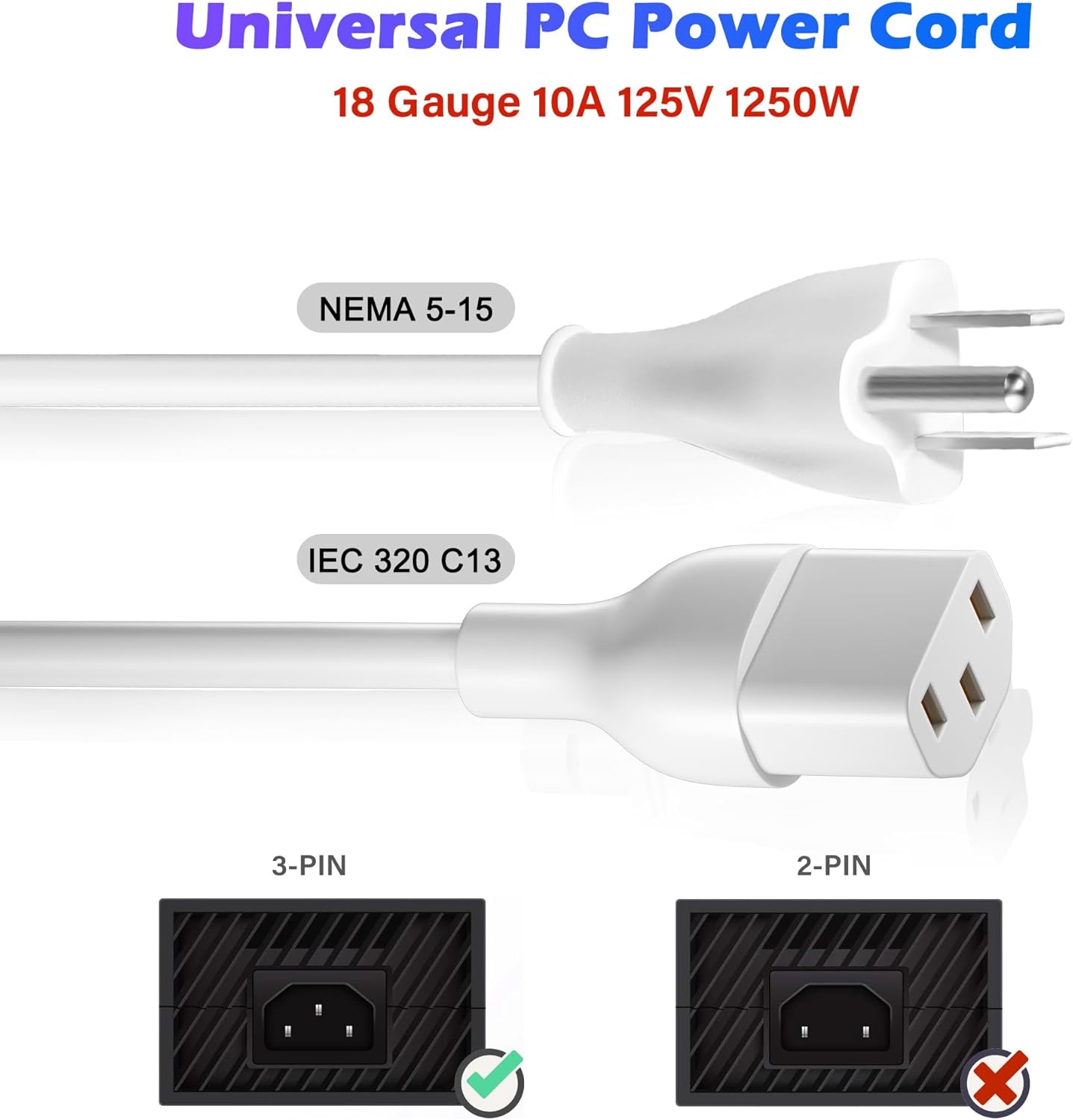 Adoreen 15 Ft Computer TV Replacement Power Cord White, 18AWG 3-Prong AC Universal Power Supply Cable NEMA 5-15P to IEC 320 C13 for Printer, PC, Monitor TV LCD, ETL+Ties