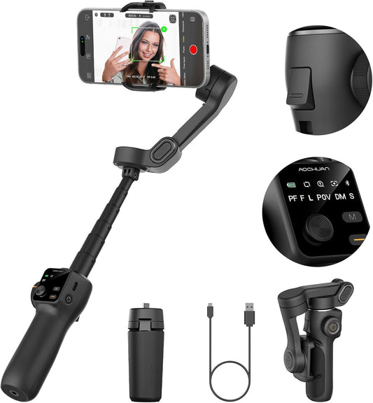 3-axis Gimbal Stabilizer w/Built-in 7.8' Extension Rod, Vlogging Phone Gimbal w/AI Tracking, Portable Smartphone Holder for iPhone w/Full-Screen OLED Display, Trigger Button Smart V8(Black)