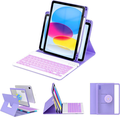 BLUTLOTUS for iPad 11th (A16) 10th Generation Case with Keyboard (2025/2022) - 360° Rotatable Magnetic Folio Cover, 7 Color Backlit Detachable Keyboard with Pencil Holder (Purple)