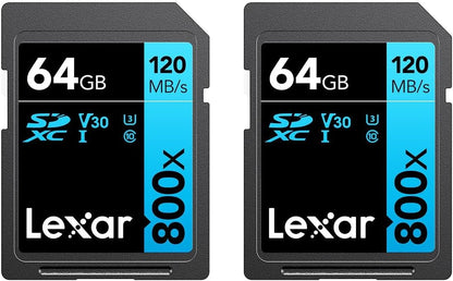 Lexar High-Performance 800x 64GB (2-Pack) SDXC UHS-I Memory Cards, C10, U3, V30, Full-HD & 4K Video, Up to 120MB/s Read, for Point-and-Shoot Cameras, Mid-Range DSLR, HD Camcorder (LSD0800064G-B2NNU)
