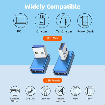 AreMe 90 Degree USB 3.0 Adapter 4 Pack, Up and Down Angle, Left and Right Angle USB A Male to Female Converter Extender for PC, Laptop, USB A Charger, Power Bank and More (Blue)