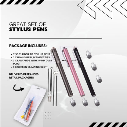 The Friendly Swede Mesh Tip Stylus Pen for Touchscreen — 3-Pack Micro-Knit Capacitive Stylus Pen for iPad & iPhone with 3 Replaceable Fiber Tips, Elastic Lanyards & Screen Cleaning Cloth