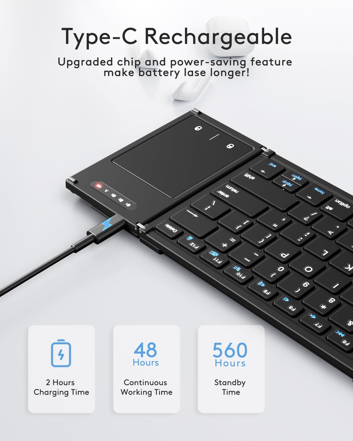 Samsers Foldable Bluetooth Keyboard with Touchpad, Full-Size Wireless Folding Keyboards with Holder, Rechargeable Portable Travel for iOS Windows Android Mac OS, Support 3 Devices (BT5.1 x 3)