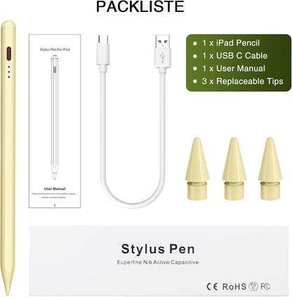 Pen for iPad 2018-2025, HATOKU 15 Mins Fast Charging Pencil 1st Gen with Tilt & Palm Rejection Compatible with iPad Air 3/4/5/M2/M3, iPad mini 5/6, iPad 6/7/8/9/10/11, iPad Pro 11"/12.9"/M4 (Yellow)